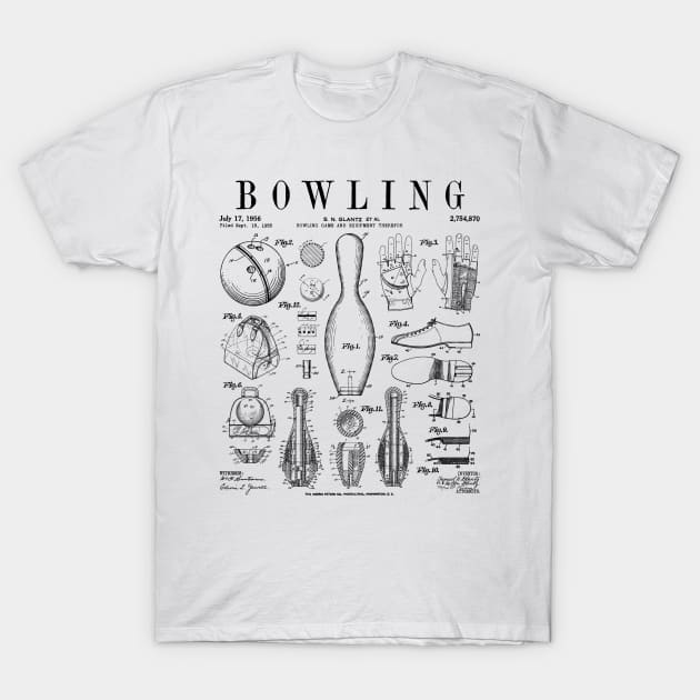 Bowling Pin Ball Bowler Retro Vintage Patent Print T-Shirt by Grandeduc